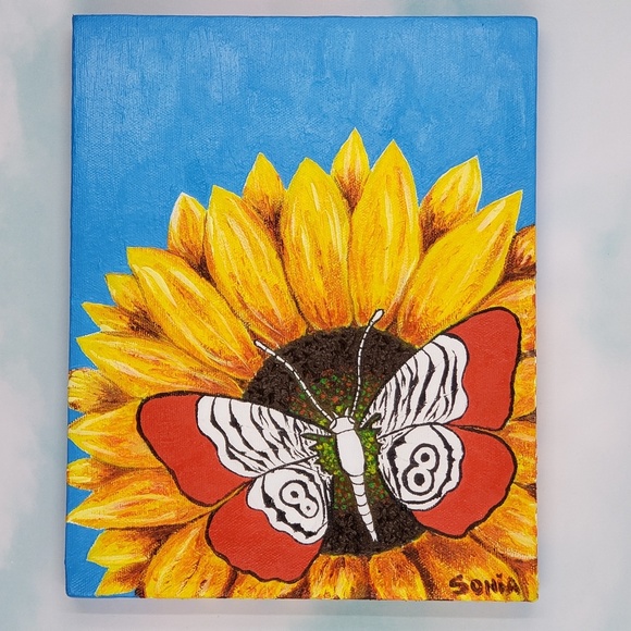 Canvas Painting ... Zebra Butterfly On Sunflower - Picture 4 of 8